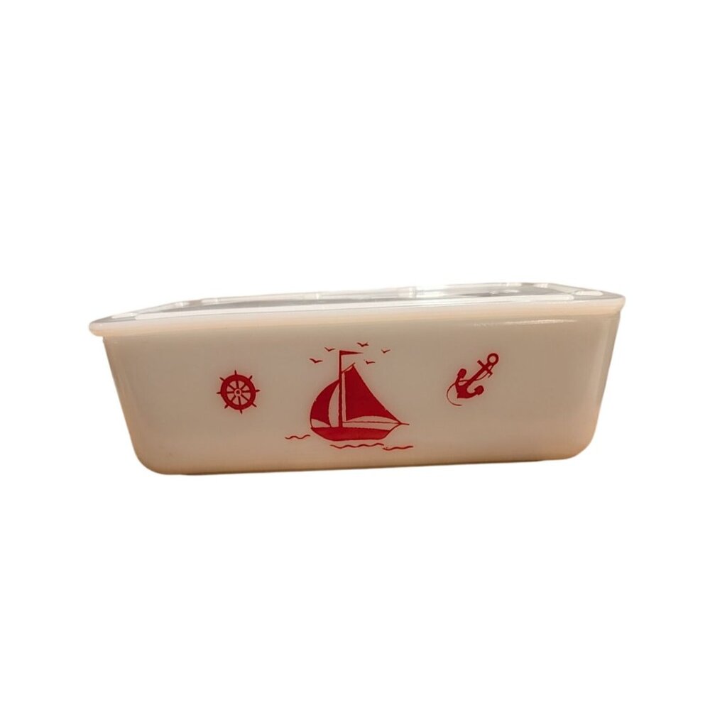 Vintage McKee Milk Glass Sailboat Design Rectangular Container Lid Ships red